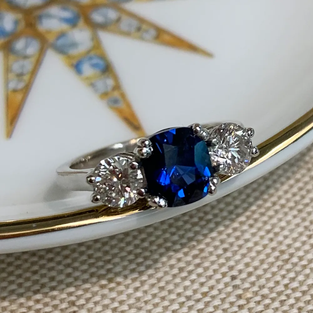 Sapphire and diamond three-stone ring handmade by Epperson's