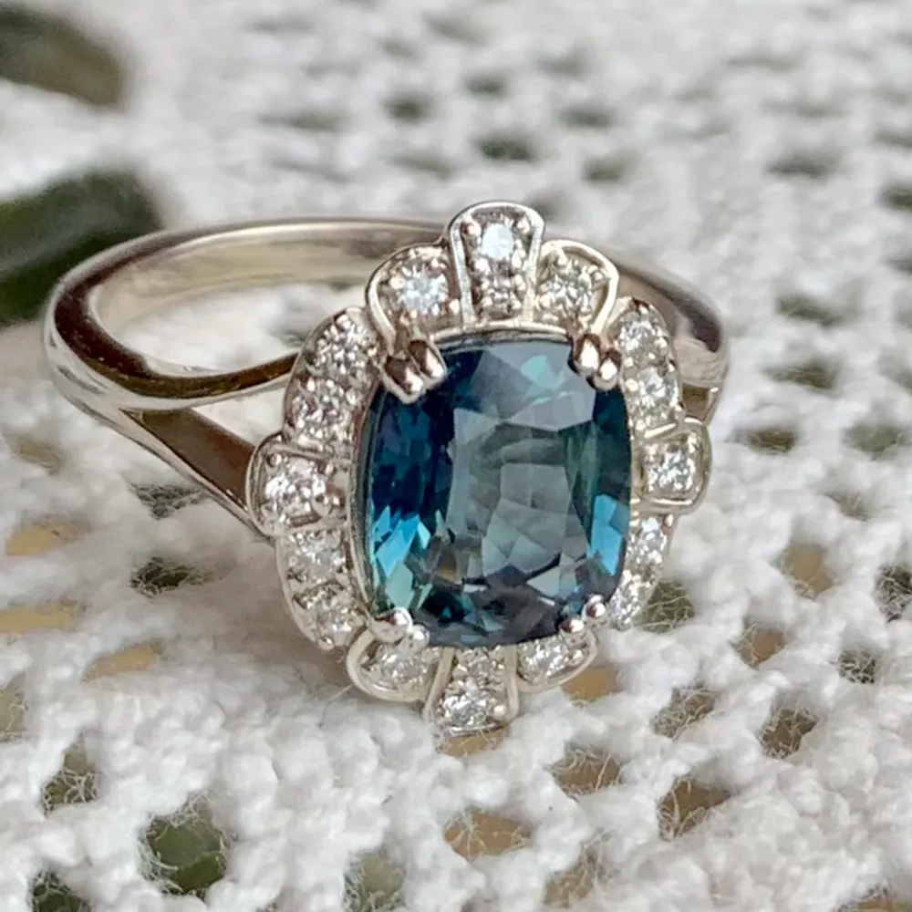 Teal Sapphire & Diamond Ring